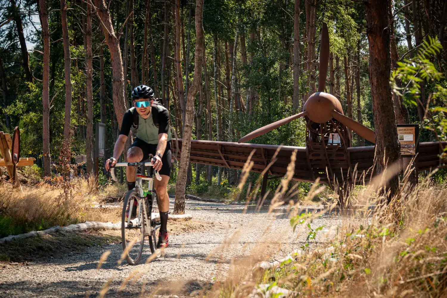 A gravel cyclist riding through a pine forest past a rusted metal aircraft sculpture