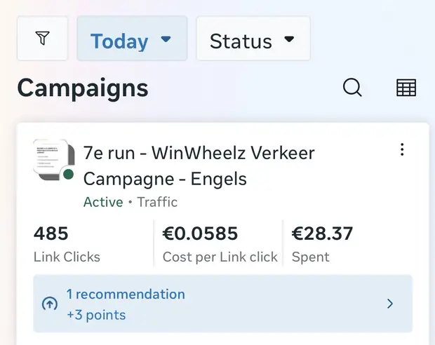 Meta ads manager showing two WinWheelz traffic campaigns at €0.06 and €0.12 per link click