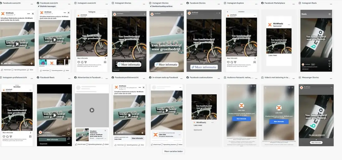 The same WinWheelz ad rendered across every Meta placement, from feed to stories to reels